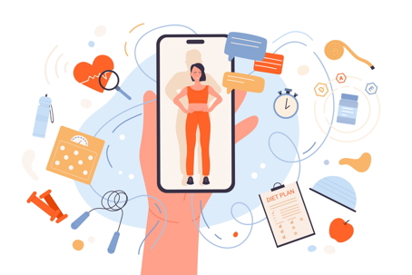 A digital illustration of a large hand holding a smartphone displaying a woman in workout clothes, surrounded by floating fitness icons like a heart, scale, diet plan clipboard, apple, and jump rope.