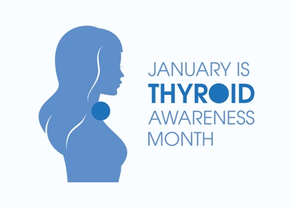 Graphic stating “January is Thyroid Awareness Month” with an image of a young woman highlighting the thyroid gland. | Soza Weight Loss